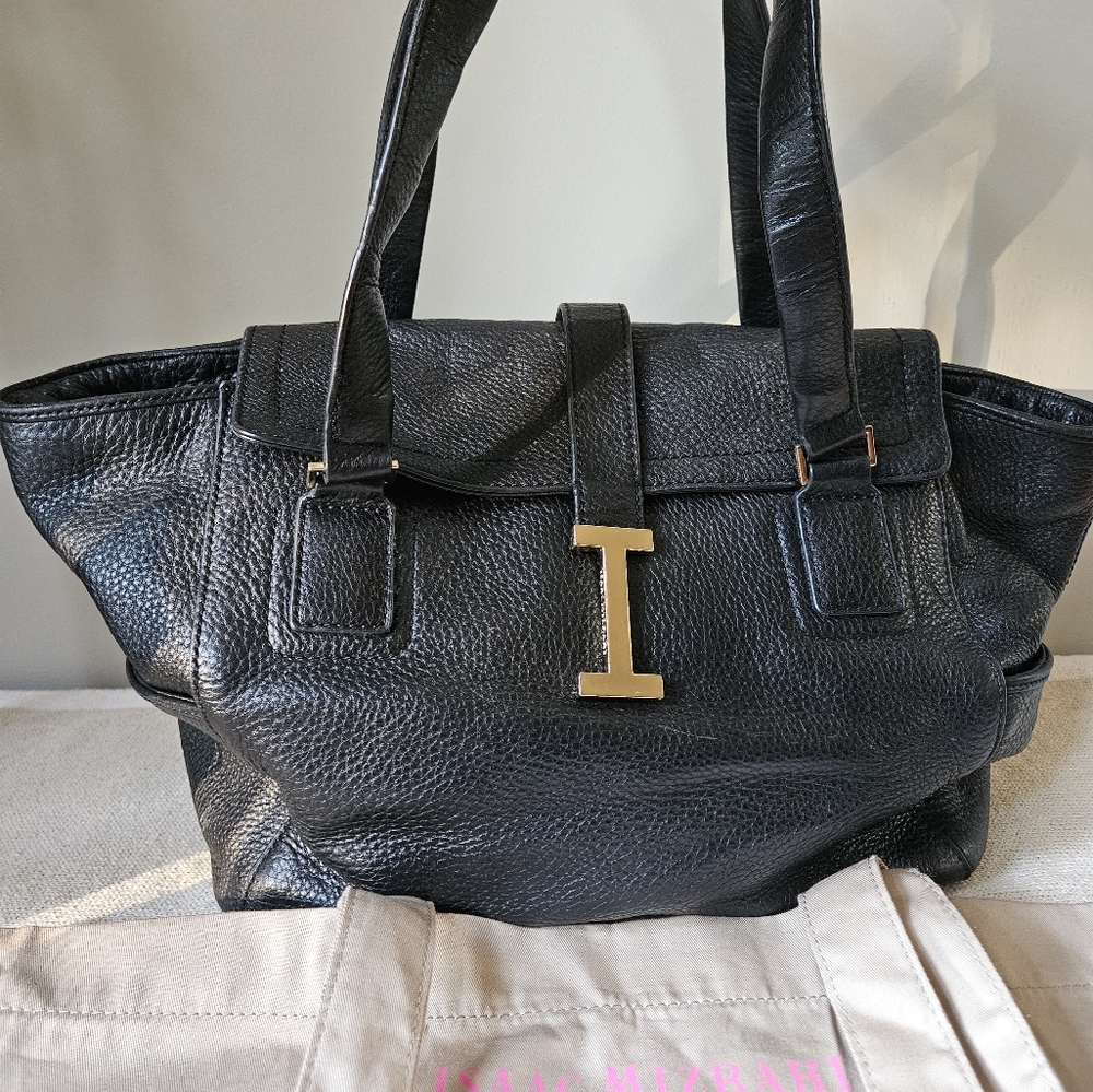 Isaac Mizrahi Black Leather Satchel with Gold "I"
